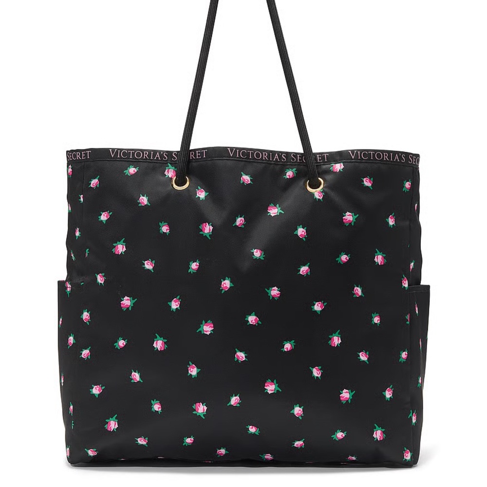 Victoria's Secret Reversible Tote Black Pink Striped Tote And Floral Print NWT - Picture 5 of 10